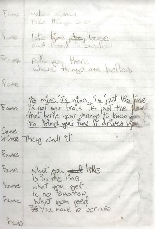 David Bowie's handwritten lyrics for 'Fame'