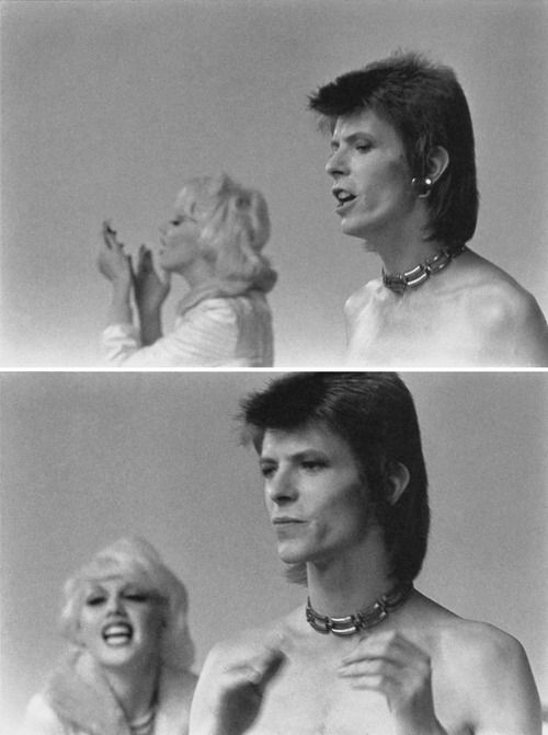 David Bowie & Cyrinda Foxe on the set of 'The Jean Genie' promo filmed by Mick Rock