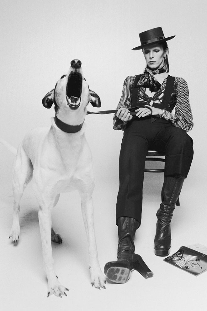 Singer David Bowie poses with a large barking dog for the artwork of his 1974 album 'Diamond Dogs' in London.